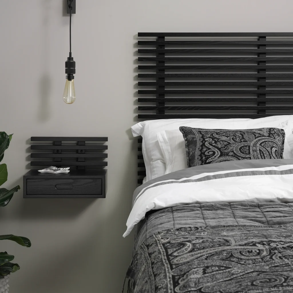 Zece beside drawer and headboard in black-stained ash in bedroom