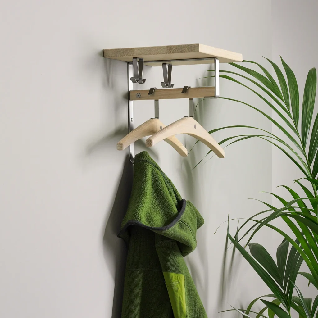 Cott hat rack in white oiled oak with polished steel in hallway