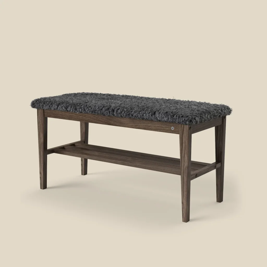 Nadja bench 90 in brown oiled oak with dark grey sheepskin imitation on beige background