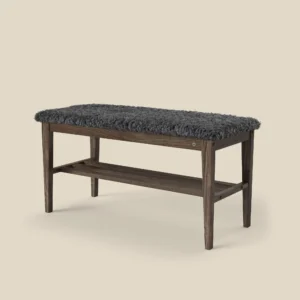 Nadja bench 90 in brown oiled oak with dark grey sheepskin imitation on beige background