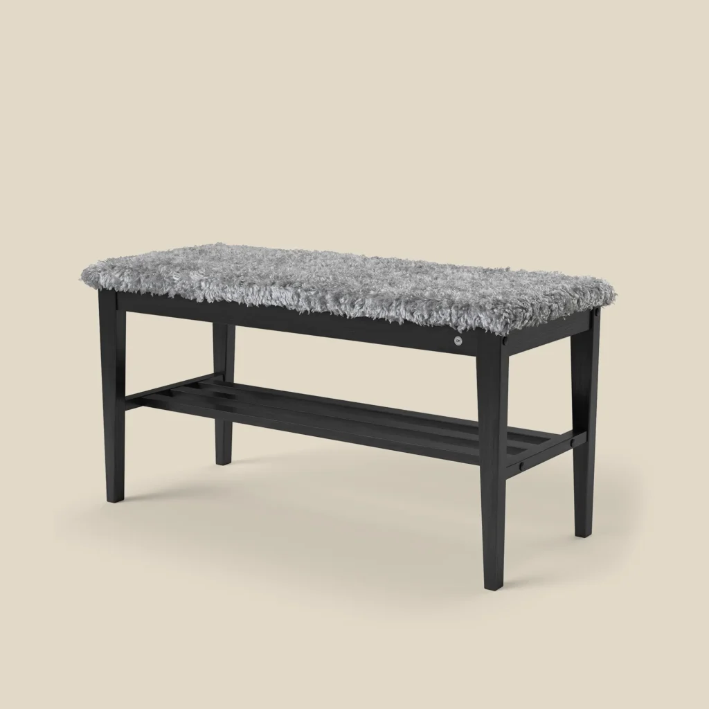 Nadja bench 90 in black-stained oak with light grey sheepskin imitation on beige background