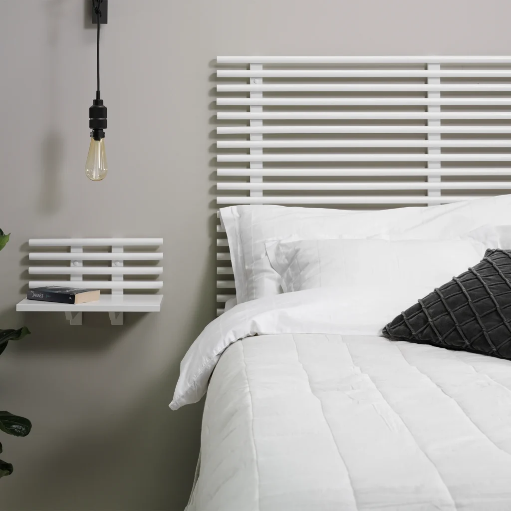 Zana bedside shelf and headboard in White lacquer in bedroom
