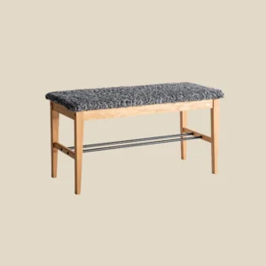 Cora bench oiled oak with dark grey sheepskin imitation on beige background