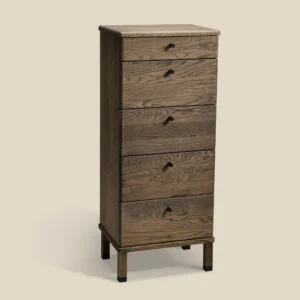 Cora dresser in smoked oak with five drawers H96 cm on beige background