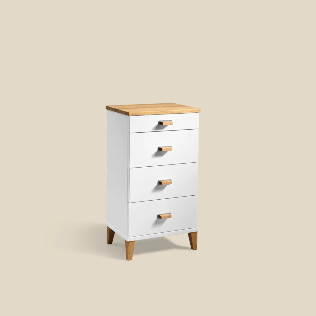 Malva dresser in white lacquer and oiled oak with four drawers W40 on beige background