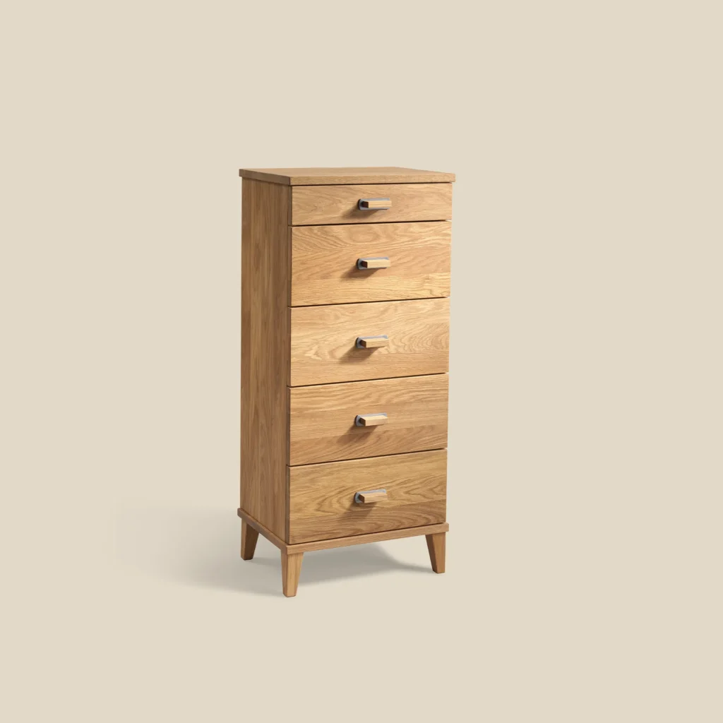 Malva dresser in oiled oak with five drawers W40 on beige background