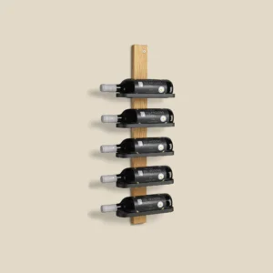Mazzi wine rack oiled oak 5 bottles with matt black steel filled with bottles on beige background