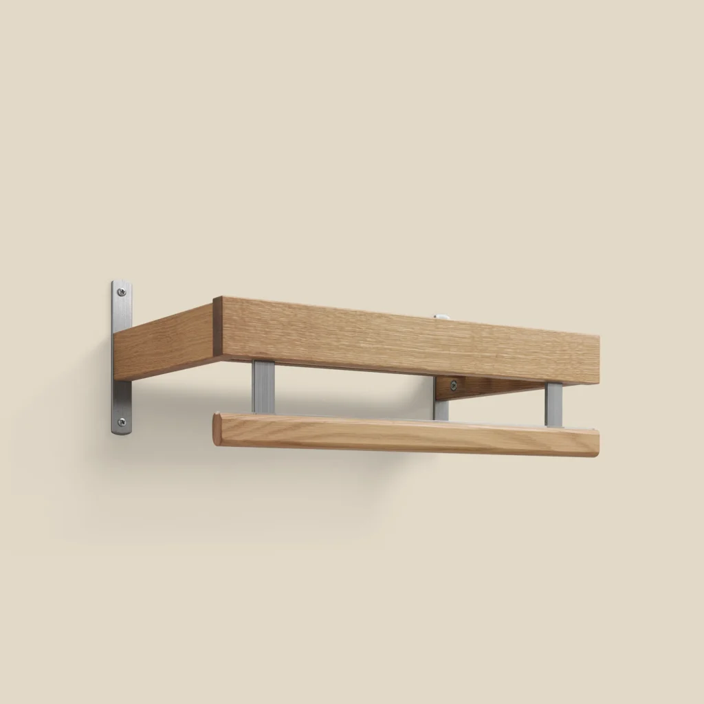 Nadja coat rack oiled oak with polished steel 1-tier L50 on beige background