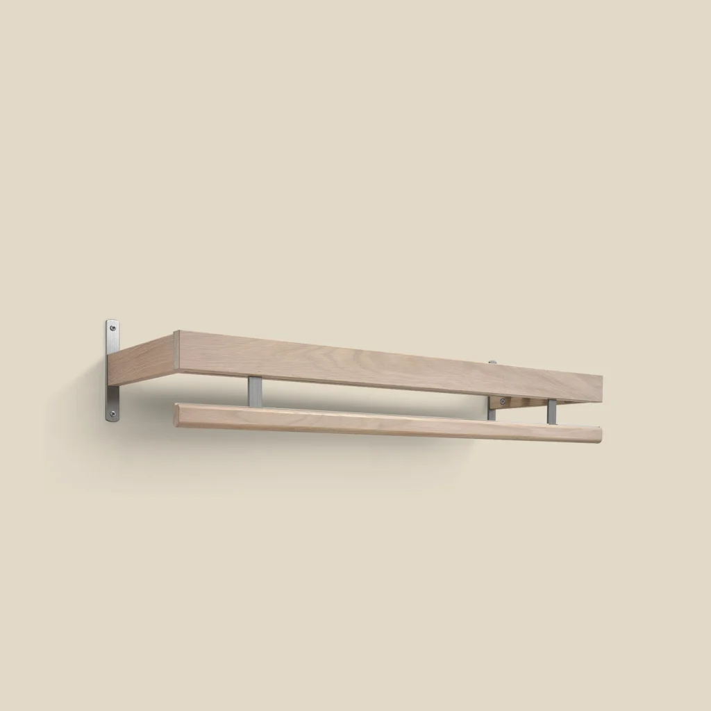 Nadja coat rack white oiled oak with polished steel 1-tier L100 on beige background