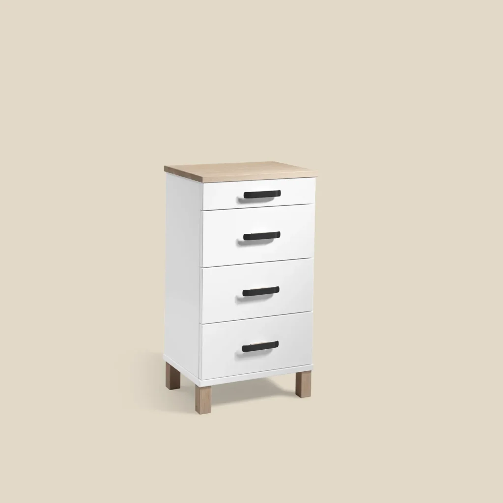 Nadja dresser in white lacquer and white oiled oak with matt black steel four drawers W40 on beige background