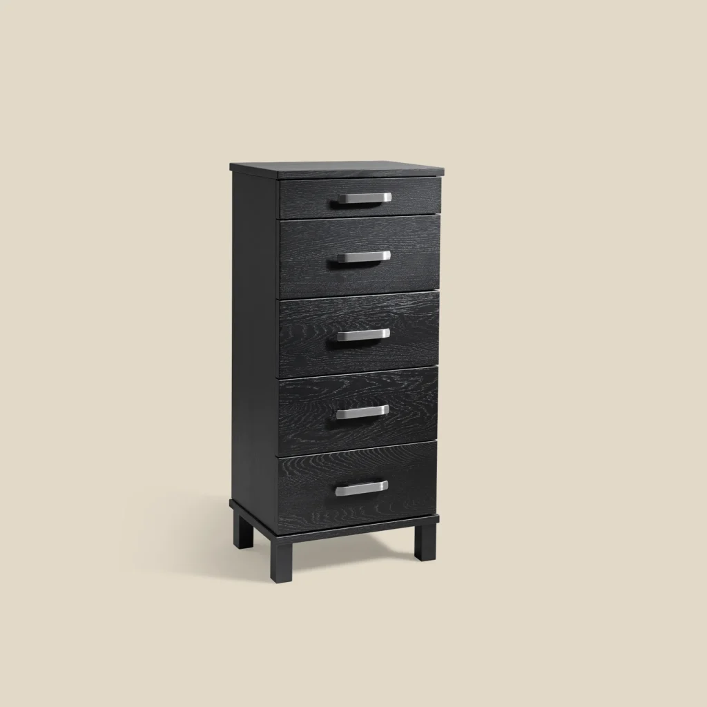 Nadja dresser in black-stained oak with polished steel five drawers W40