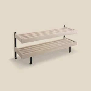Nadja shoe rack floor white oiled oak with matt black steel 2-Tier L100 on beige background